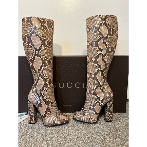 GUCCI CAMPAIGN PYTHON HORSEBIT HIGH TALL BOOTS BEIGE BROWN SZ 37.5 - Picture 4 of 14